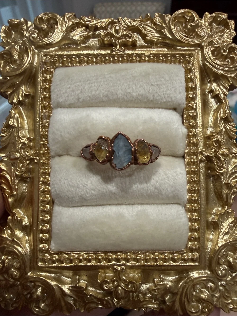 Women's Copper Ring with Blue and Yellow Gemstones